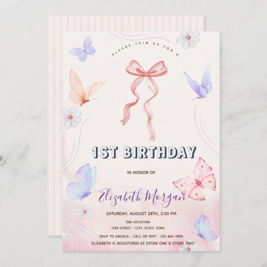 Invitation Fleurs de Bow rose Papillons rayé Anniversaire (Devant / Derrière)