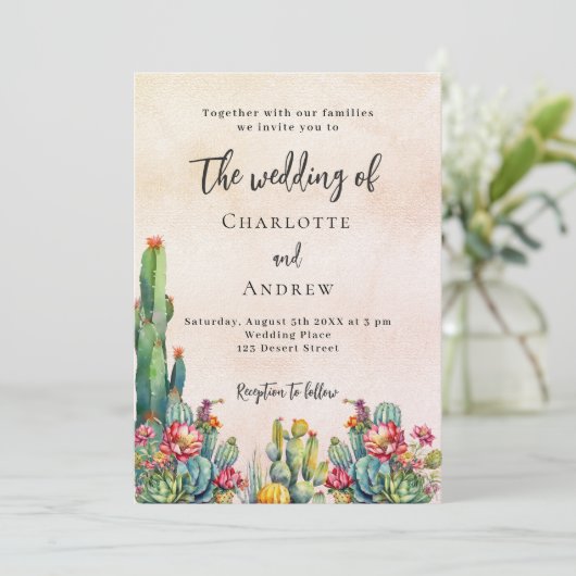 Invitation Fleurs de Cactus rose rustique or mariage de luxe (Debout devant)