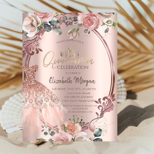 Invitation Fleurs de cadre Blush Robe Quinceañera