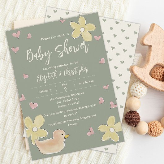 Invitation Fleurs de canard Coeurs Couples Baby shower fille