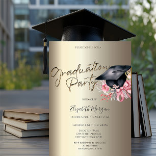 Invitation Fleurs de capuchon de diplôme Votre photo Or Diplô