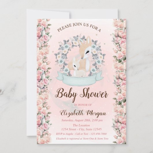 Invitation Fleurs de cerfs bébé Roses Baby Shower (Devant)