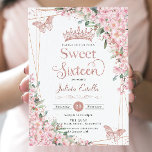Invitation Fleurs de cerise Rose Beurre d'or doux 16<br><div class="desc">Personnalisez cette jolie floraison de cerisiers Sweet 16 anniversaire invitation facilement et rapidement. Cliquez simplement sur le bouton Modifier à l'aide des outils de conception pour modifier les textes, modifier les polices et les couleurs des polices. Avec de belles fleurs de cerisiers aquarelles, des papillons d'or rose et un cadre...</div>