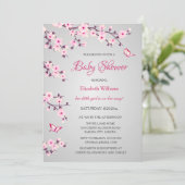 Invitation Fleurs de cerisier Baby shower rose gris (Debout devant)