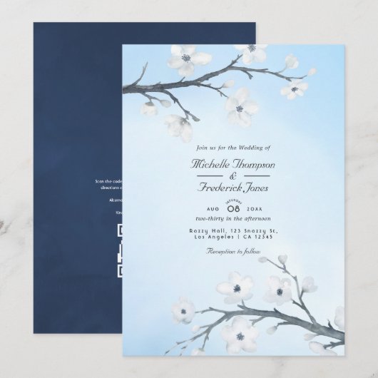 Invitation Fleurs de cerisier blanc Code QR RSVP Mariage (Devant / Derrière)