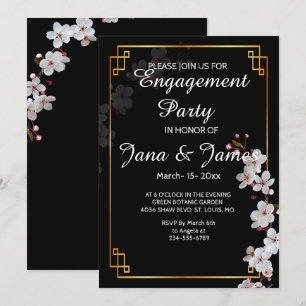 Invitation fleurs de cerisier blanches et cadre doré Engageme