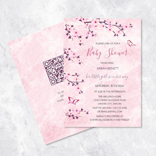 Invitation Fleurs de cerisier Marbre rose Baby shower Floral