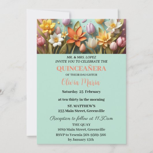 Invitation Fleurs de Cerisier Papillon Or Rose Quinceañera (Devant)