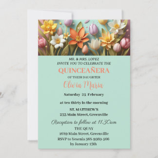Invitation Fleurs de Cerisier Papillon Or Rosé Quinceañera