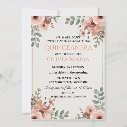 Invitation Fleurs de Cerisier Papillon Or Rose Quinceañera (Devant)