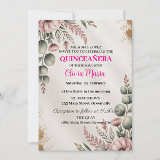 Invitation Fleurs de Cerisier Papillon Or Rosé Quinceañera