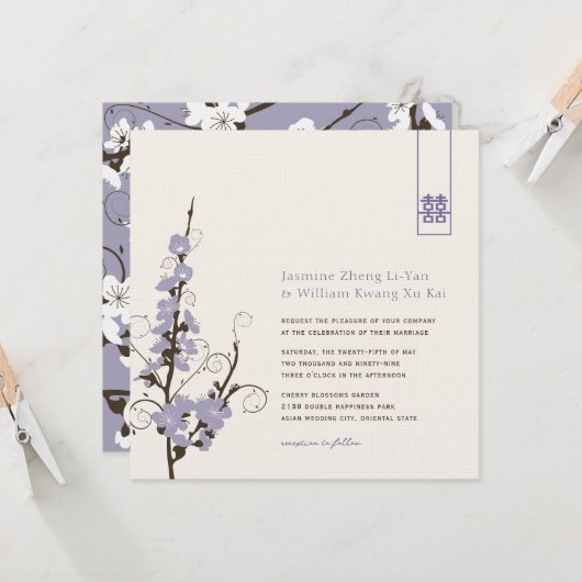 Invitation Fleurs de cerisier pourpre Sakura torse Mariage as (Devant/Arrière en situation)