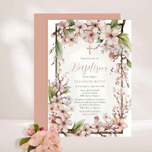 Invitation Fleurs de cerisier rose Fille Printemps Baptême fl
