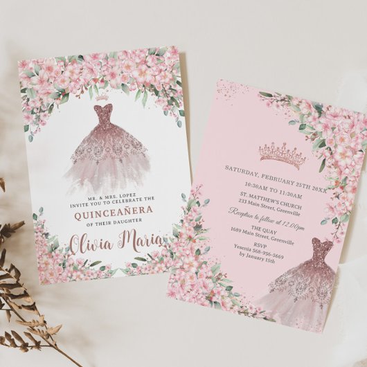 Invitation Fleurs de cerisier Rose Floral Robe Or Quinceañera