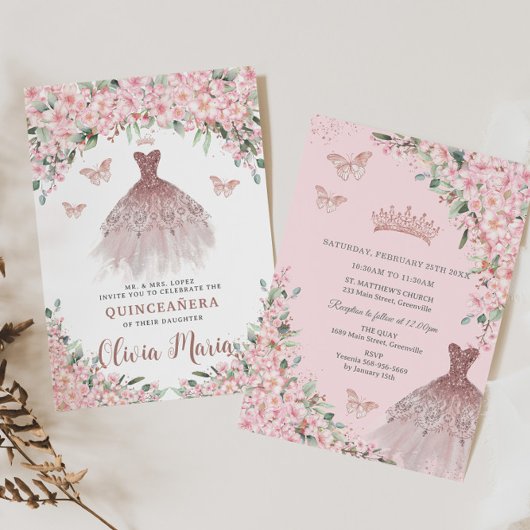 Invitation Fleurs de cerisier Rose Floral Robe Or Quinceañera