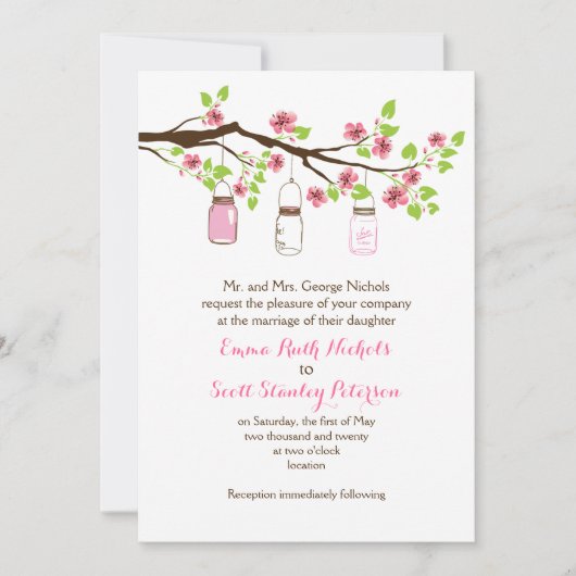 Invitation Fleurs de cerisier rose & jarres de mason mariage (Devant)