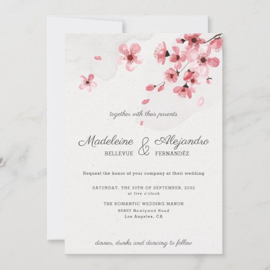 Invitation Fleurs de cerisier rose mariage romantique à fleur (Devant)