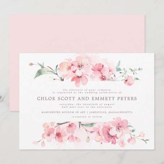 Invitation Fleurs de cerisier rose vif moderne Mariage floral (Devant / Derrière)