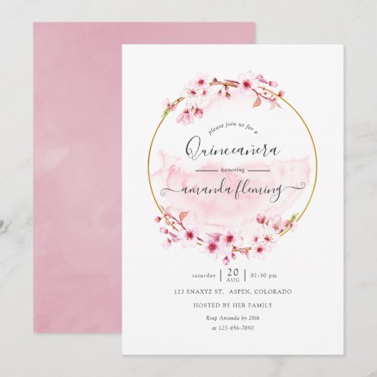 Invitation Fleurs de cerisier roses géométriques de printemps (Devant / Derrière)