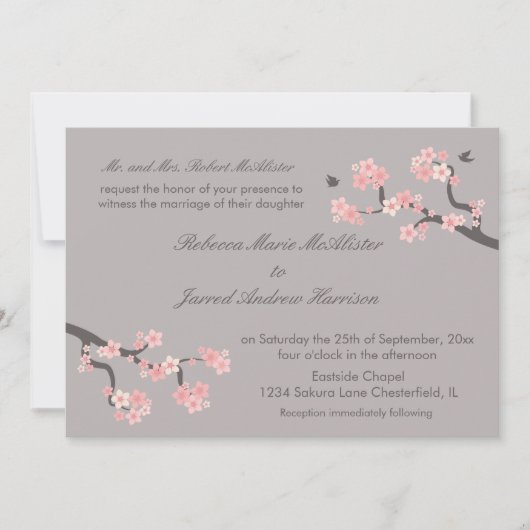 Invitation Fleurs de cerisier roses/invitation gris de (Devant)