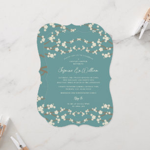 Invitation Fleurs de cerisier Sakura Crème Bleu sarcelle Mari