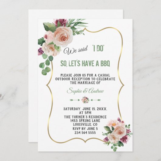 Invitation Fleurs de Champagne rose Mariage d'or I DO BBQ (Devant / Derrière)
