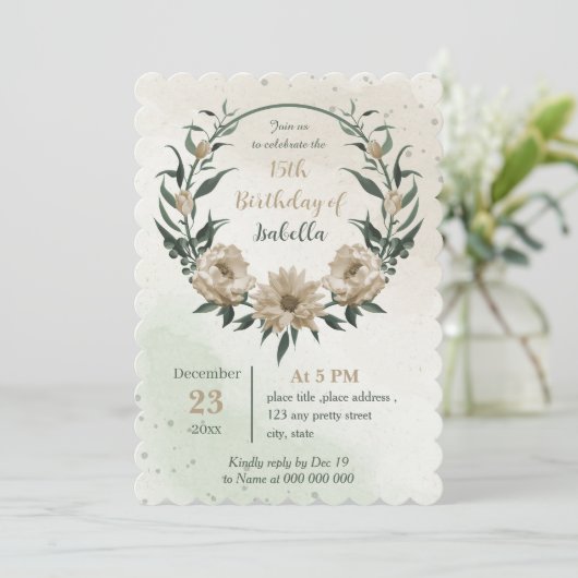 Invitation fleurs de champagne verdure anniversaire (Debout devant)