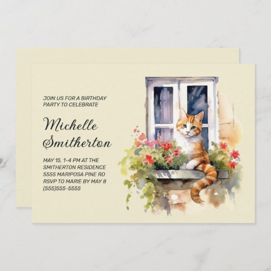 Invitation Fleurs de chats jaunes Anniversaire (Devant / Derrière)