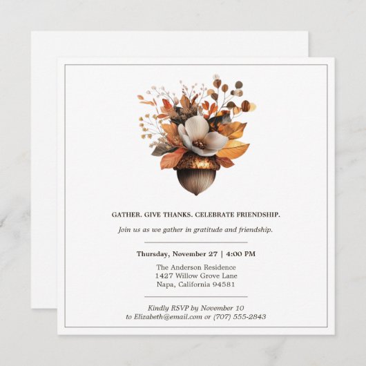 Invitation Fleurs de chêne rustiques | Dîner de Thanksgiving (Devant / Derrière)