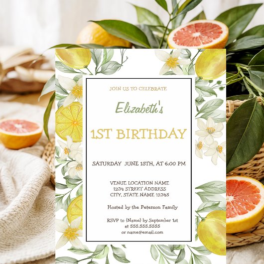 Invitation Fleurs de citrons à l'aquarelle Anniversaire 