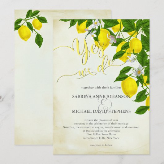 Invitation Fleurs de citrons d'aquarelle et Mariage de verdur (Devant / Derrière)