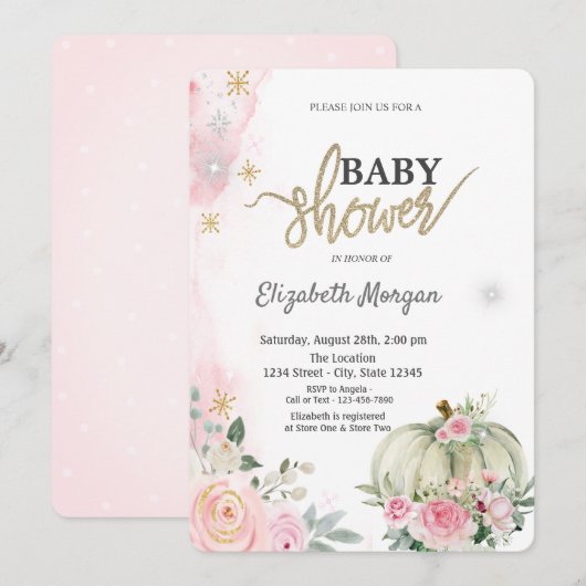 Invitation Fleurs de citrouille en polka et flocons de neige  (Devant / Derrière)