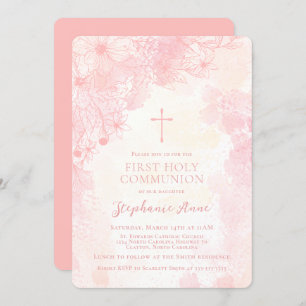 Invitation Fleurs de communion Aquarelles roses