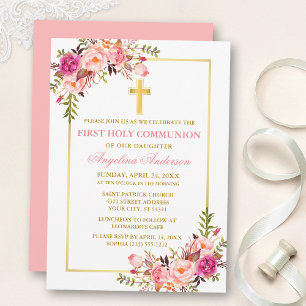 Invitation Fleurs de communion rose pâle aquarelle Or