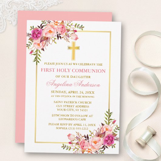 Invitation Fleurs de communion rose pâle aquarelle Or