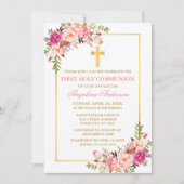 Invitation Fleurs de communion rose pâle aquarelle Or (Devant)