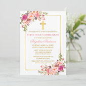 Invitation Fleurs de communion rose pâle aquarelle Or (Debout devant)