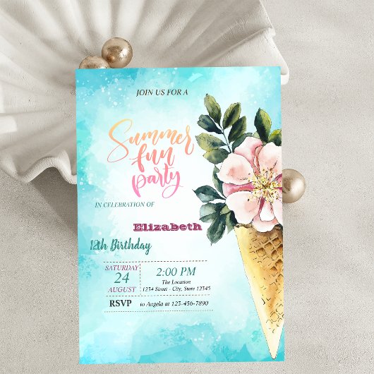 Invitation Fleurs de cône de glace Summer Party d'anniversair