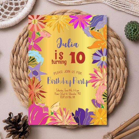 Invitation Fleurs de contour doré Anniversaire