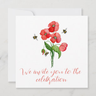 Invitation Fleurs de coquelicot écarlate d'aquarelle et bourd