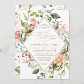 Invitation Fleurs de corail rose et Mariage de cadre or (Devant / Derrière)