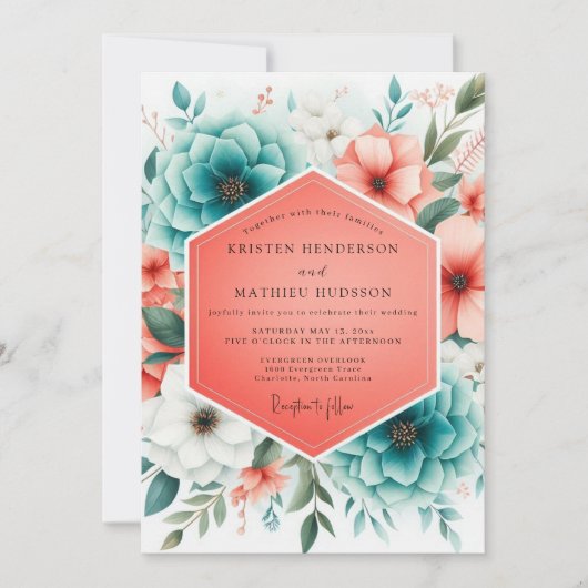 Invitation Fleurs de corail sarcelle Romance Mariage (Devant)