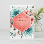 Invitation Fleurs de corail sarcelle Romance Mariage (Debout devant)
