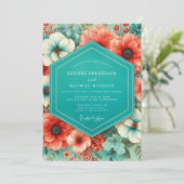 Invitation Fleurs de corail sarcelle Romance Mariage (Debout devant)