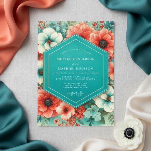 Invitation Fleurs de corail sarcelle Romance Mariage