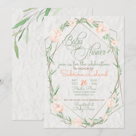 Invitation Fleurs de corail Terrarium verdoyant Baby shower (Devant / Derrière)