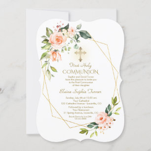 Invitation Fleurs de corail Vivant Cadre d'or Sainte Communio