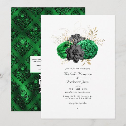 Invitation Fleurs de couleur émeraude foncé et or, code QR po (Devant / Derrière)