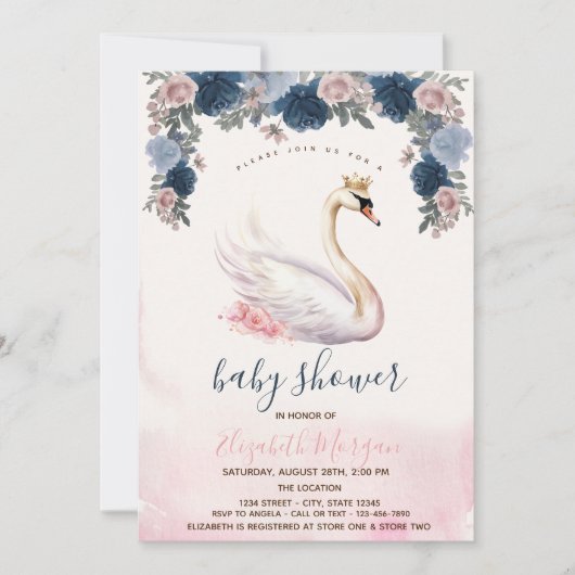 Invitation Fleurs de couronne de cygne Baby shower à rayures (Devant)