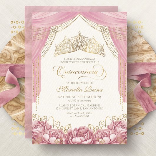 Invitation Fleurs de Couronne rose pâle Quinceanera